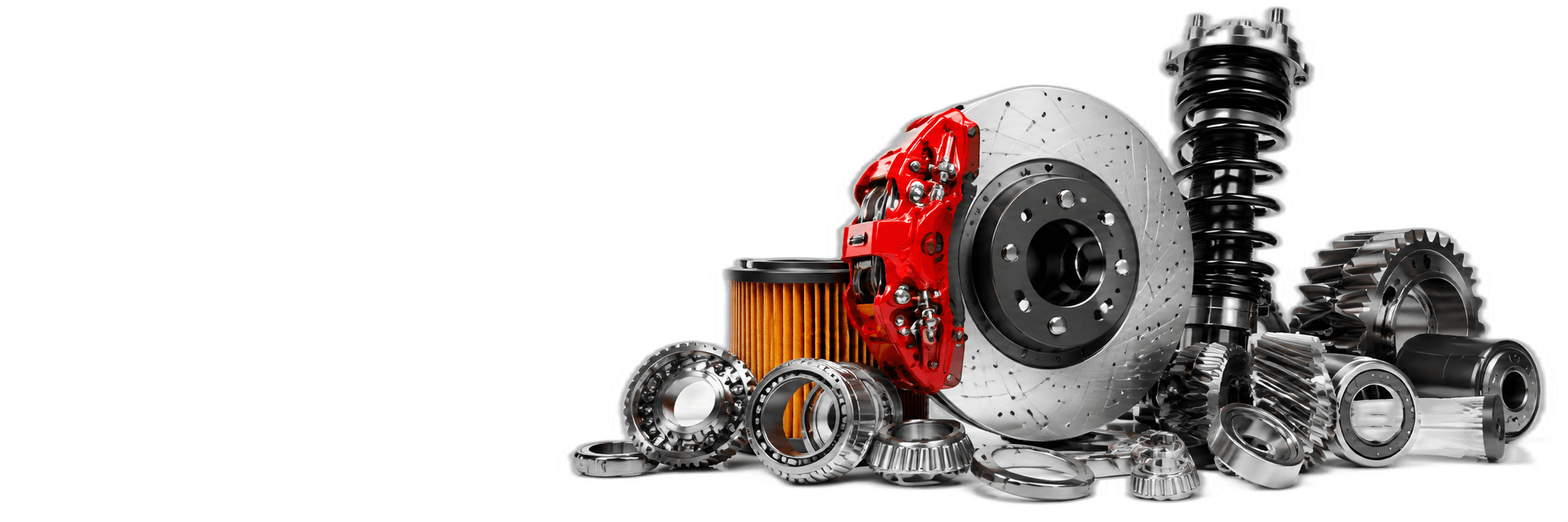 An assortment of auto parts - brake rotor and caliper, oil filter, shock absorber, and gears