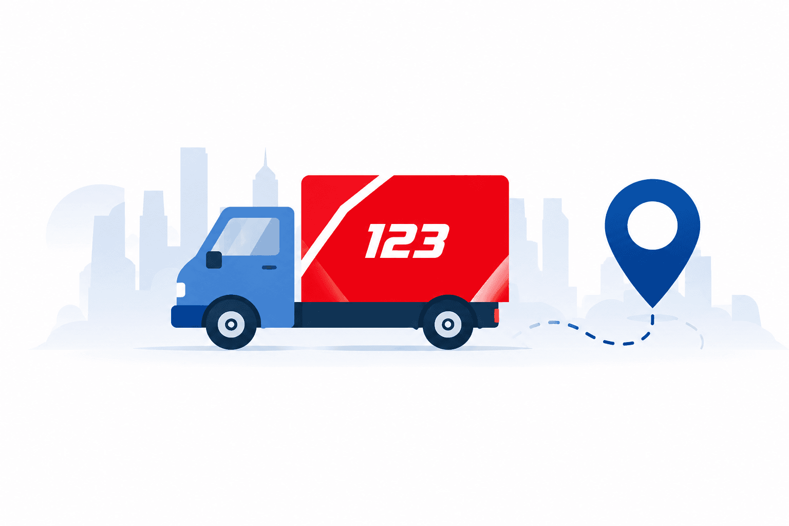 A delivery truck en route, with a map pin marking its destination